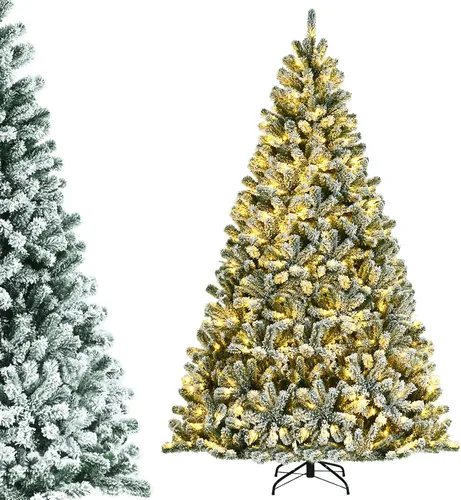 Miniatura 13 de DORTALA Árbol de Navidad flocado preiluminado de 6 pies, árbol de Navidad artificial con bisagras con 500 luces LED blancas frías, control remoto, 3