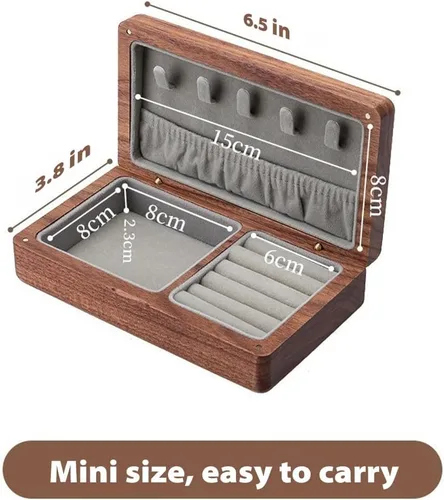 Miniatura 5 de Joyero de madera pequeño, joyero de madera de nogal delicado, regalo ideal para hombres y mujeres, organizador de joyas de viaje portátil