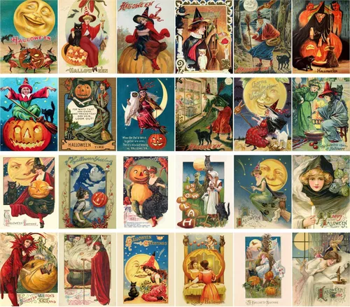 Miniatura 2 de Calcomanías grandes (24 piezas de 2.5 x 3.5 pulgadas) Halloween Pinup Witch Vintage Tarjetas de felicitación Reimpresión Uno