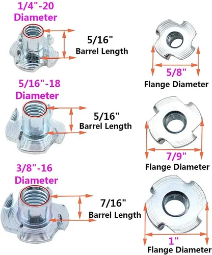 Miniatura 2 de Tuercas T de 1/4 pulgadas - 20, 100 tuercas ciegas de acero chapado en zinc de 4 puntas para madera, soportes de escalada en roca, gabinetes, muebles