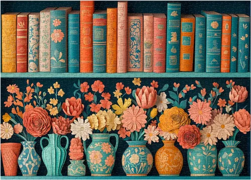 Rompecabezas de flores silvestres para adultos de 1000 piezas, rompecabezas de libros de flores vintage, rompecabezas de biblioteca floral retro