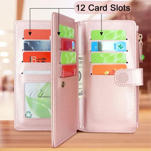 Miniatura 4 de Harryshell Funda de cuero desmontable con cremallera magnética con bolsillo para monedas, 12 ranuras para tarjetas, correa de muñeca para Samsung