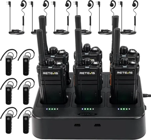 Miniatura 18 de Retevis RB37 Walkie Talkies Bluetooth con cargador de 6 vías, radio inalámbrica de dos vías con auricular, linterna, 2000 mAh para 21 horas, tipo C