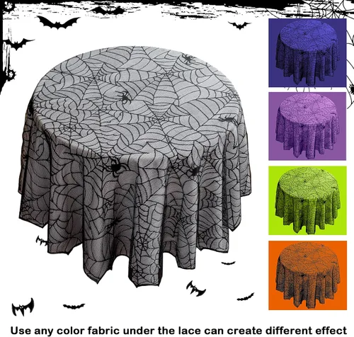 Miniatura 6 de Joyfol Day Mantel de tela de araña de Halloween, mantel redondo de encaje negro de 70 pulgadas, mantel lavable y espeluznante, mesas de telaraña