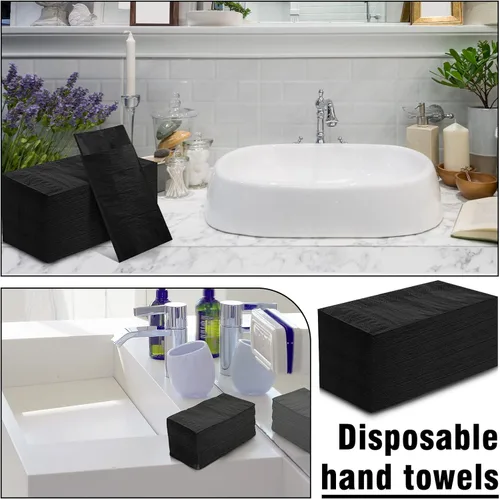 Miniatura 5 de Kisston 200 servilletas de papel negras desechables de lino suaves y absorbentes, toallas de mano desechables de tela para cocina, baño, boda