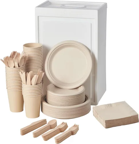 FULING Juego de vajilla biodegradable de 350 piezas, platos de cena desechables, cubiertos de madera, servilletas, material a base de plantas, apto