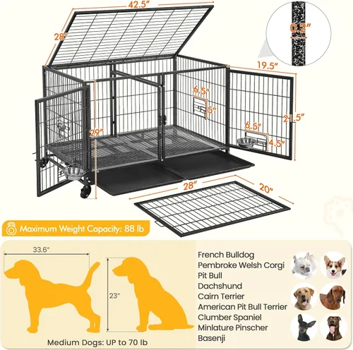 Miniatura 4 de Yaheetech Jaula Apilable para Perros con Divisor de 43'' Rodante Jaula de Servicio Pesado para Perros con Parte Superior Abierta/2 Bandejas