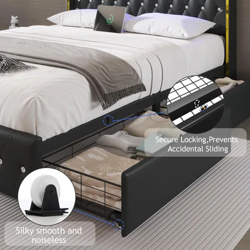 Miniatura 5 de E-Motie Base de cama tamaño completo con cabecera tipo wingback, plataforma tapizada con luces LED RGB, estación de carga, 4 cajones