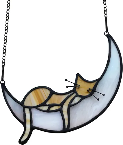 Miniatura 10 de BOXCASA Atrapasoles de Vidrio Emplomado Hecho a Mano de Gato Gris en Luna - Colgante Decorativo para Ventana para Amantes de los Gatos, Día
