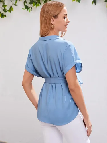 Miniatura 2 de MakeMeChic Blusa de verano de maternidad para mujer, manga corta, cuello en V, túnica con cinturón