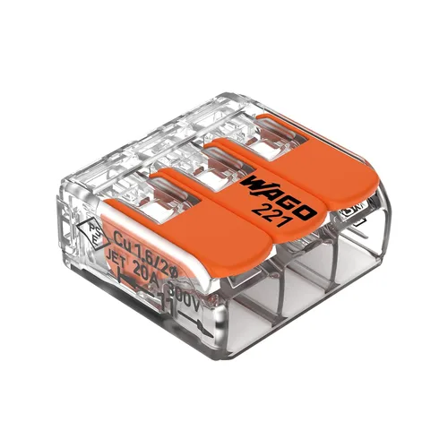 221-413 | Conector de empalme WAGO Lever-Nuts | para conductores sólidos y trenzados | 3 conductores con palancas de funcionamiento | 24-12 AWG |