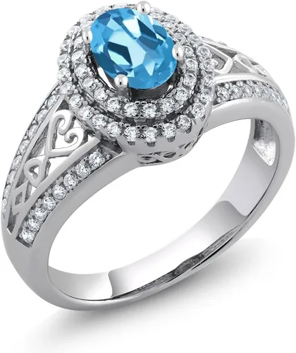Miniatura 52 de Anillo de compromiso con halo de piedra preciosa y piedra natal en plata chapada en oro amarillo de 18 quilates, ovalado, 0.236 x 0.157 pulgadas
