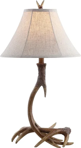 Miniatura 9 de JONATHAN Y Lámpara de mesa de resina rústica beige de 27.5 pulgadas para sala de estar, dormitorio, pantalla de lino gris claro, lámpara de mesita