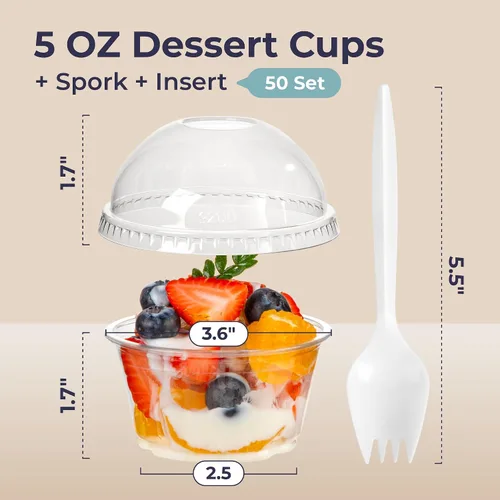 Miniatura 2 de Fit Meal Prep [Paquete de 50] Vasos de postre de plástico transparente de 5 onzas con tapas de cúpula y tenedores, tazas de parfait desechables