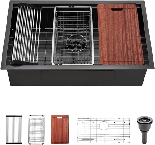 Miniatura 11 de Fregadero de cocina de montaje inferior negro 27 x 19 x 10 pulgadas, fregadero de acero inoxidable negro calibre 16, estación de trabajo debajo