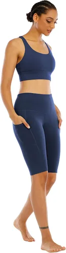 Miniatura 6 de WHOUARE Paquete de 4 pantalones cortos de yoga con bolsillos para mujer, cintura alta, atléticos, correr, entrenamiento, gimnasio, control de abdomen