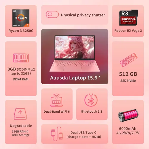 Miniatura 2 de Auusda 2026 Traditional Laptop Computer for Students & Work, 15.6", 3250C Ryzen 3 Processor, WiFi 6, BT 5.3, Backlit Keyboard, Fingerprint, Dual USB