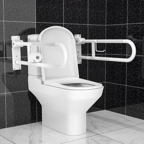 Miniatura 5 de Munzong - Barra de agarre para inodoro en forma de U de 32 pulgadas, riel de soporte antideslizante blanco, barra de agarre abatible para baño