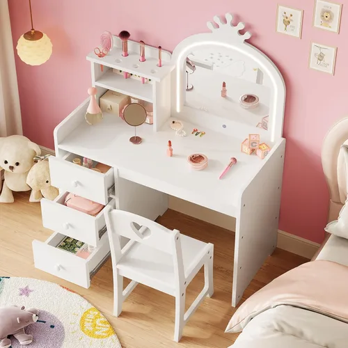 Miniatura 5 de GarveeHome Escritorio de tocador para niños con espejo y luces, tocador de madera de princesa blanca con silla, estantes de almacenamiento y White1