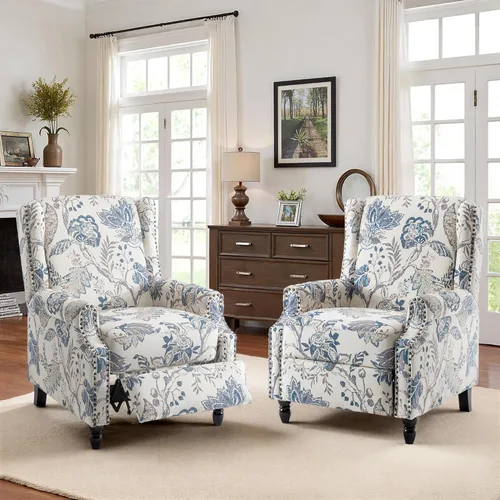 Miniatura 18 de Silla reclinable tapizada, sillón de ala floral con respaldo y reposapiés ajustables, cómoda silla decorativa para leer, sofá individual