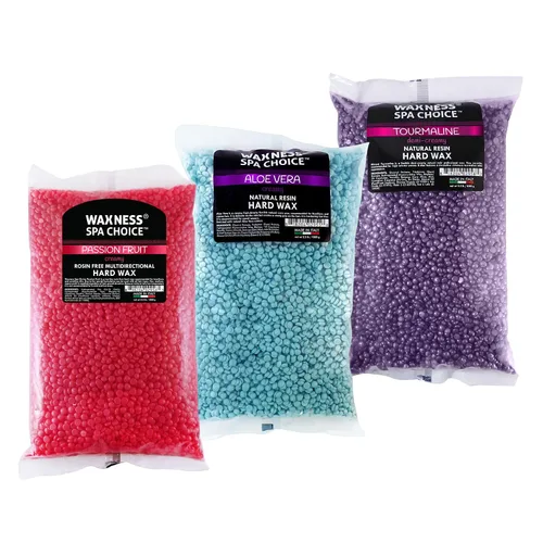 Waxness Spa Choice - Cuentas surtidas de cera dura de 2.2 libras / 2.2 lbs, paquete de 3, turmalina, aloe vera, fruta de la pasión