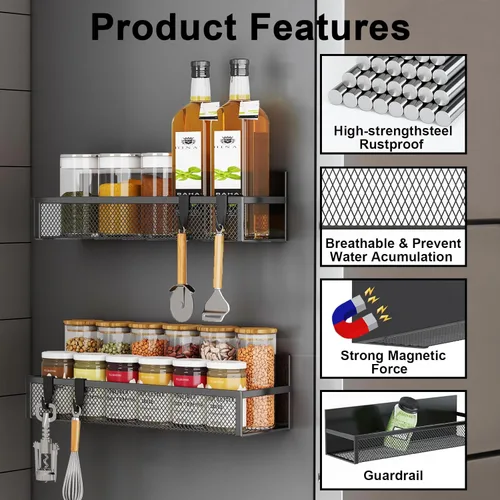Miniatura 3 de Estante magnético para especias Aufworld para refrigerador, paquete de 6 estantes magnéticos, organizador de imanes para nevera con 12 ganchos