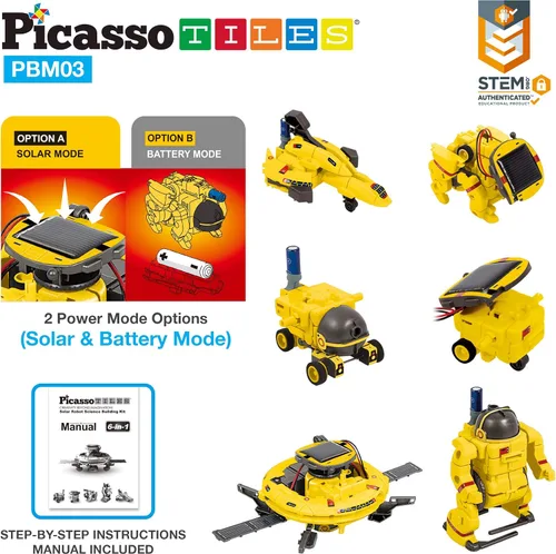 Miniatura 3 de PicassoTiles STEM - Robot espacial con energía solar para niños, juguete educativo de aprendizaje de ingeniería de construcción, 6 en 1, creativo