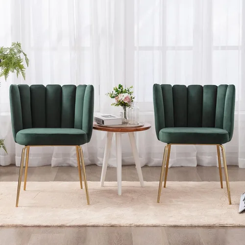 Miniatura 6 de Juego de 2 sillas de comedor de terciopelo, sillas decorativas modernas con respaldo de pétalos y patas de metal dorado, cómodas sillas laterales