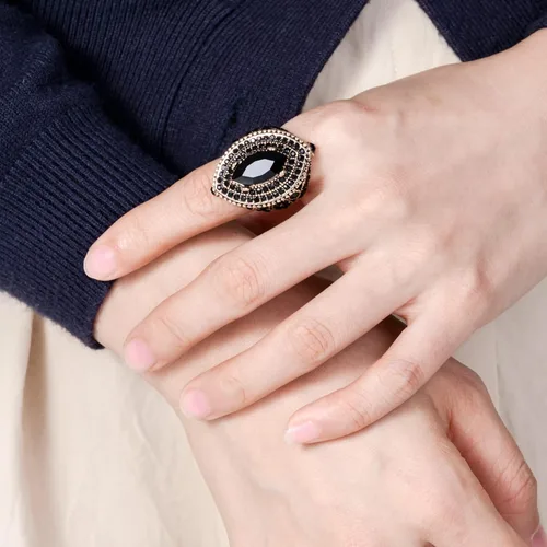 Miniatura 4 de Anillo de mujer - 1.260 in de gran tamaño chapado en oro antiguo estilo turco negro piedra preciosa anillo vintage joyería de las mujeres J0769BLK