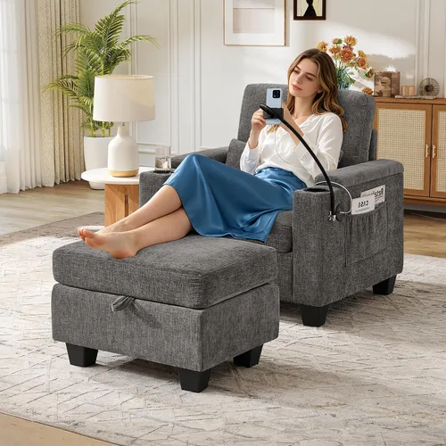Miniatura 17 de Chaise Lounge Chair para interiores con puerto USB y soporte para teléfono, sillón reclinable pequeño de felpilla con otomana de almacenamiento
