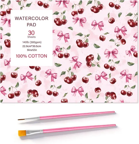 Miniatura 9 de Bloc de papel para acuarela de 30 hojas con 2 pinceles para acuarela, papel para acuarela de 140 lb/300 g/m², papel para acuarela prensado en frío