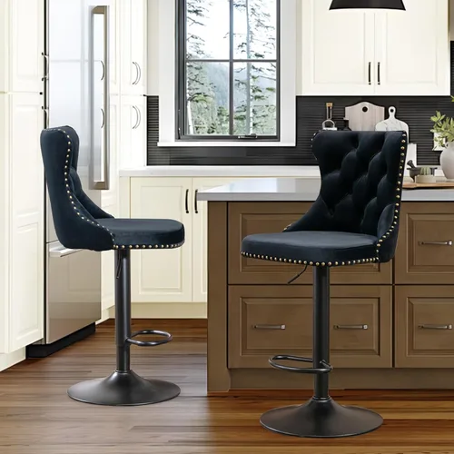Miniatura 63 de SoarFlash Juego de 2 taburetes de bar tapizados de terciopelo moderno con patas de madera, botones acolchados, cabeza de clavo cromada, asiento