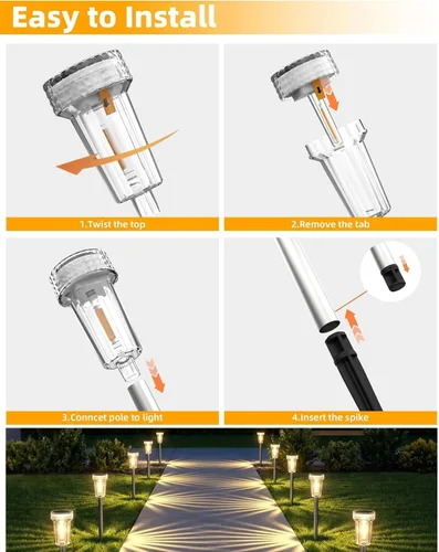 Miniatura 6 de DERAYSION Luces solares para exteriores, paquete de 8 luces impermeables para caminos de jardín, iluminación con poste de acero inoxidable