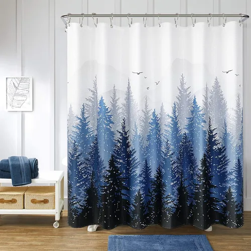 Hokibero Cortinas de Ducha de Tela con Diseño de Bosque Brumoso Azul, Montaña, Naturaleza, Árbol para Baño, Impermeables, Resistentes, Azul Marino y