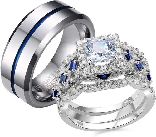 Newshe - Juego de anillos de boda para él y para ella, de tungsteno y plata esterlina, con circonia cúbica, para la pareja, tallas 5 a 12
