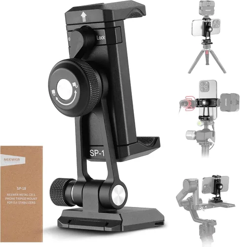Adaptador de montaje de trípode para teléfono Neewer con base tipo Arca QR, zapata fría, agujeros de 1/4" y 3/8", giro de 360° y inclinación de