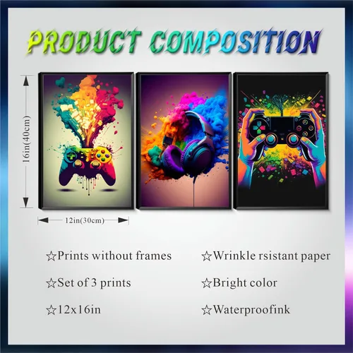 Miniatura 3 de Juego de Arte de Pared para Decoración de Sala de Juegos de 3 Piezas - Decoración de Pared de Control de Videojuegos para Gamers, Póster de Lienzo
