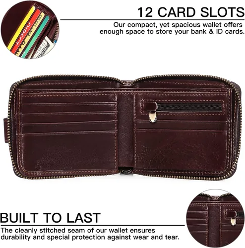Miniatura 27 de GOIACII Cartera con cremallera para hombre, de piel auténtica, con bloqueo RFID, con cremallera, bolsillo para monedas, para identificación, con Café