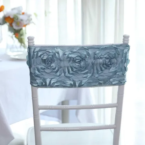 Miniatura 2 de Tableclothsfactory Paquete de 5 bandas de satén azul polvoriento, roseta de elastano, para banquetes de boda, fiesta, banquete, decoración de eventos