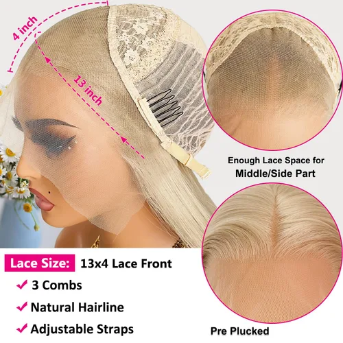Miniatura 6 de Peluca con encaje frontal rubia ceniza, de 22 pulgadas de largo cabello sintético lacio, línea capilar prerasgueada, fácil de instalar, ligera