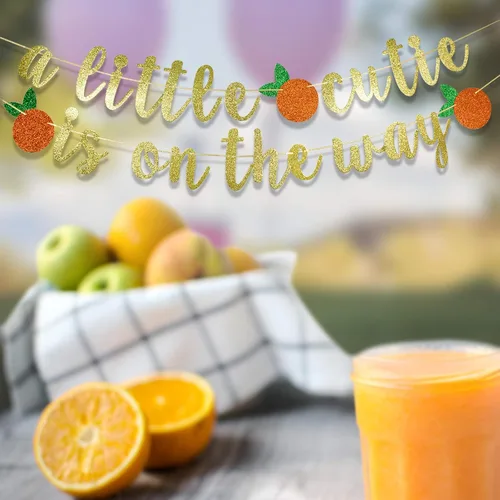 Miniatura 7 de Cartel con texto en inglés "A Little Cutie Is On The Way" – Decoración de fiesta de cumpleaños y baby shower con temática de naranja cítrico
