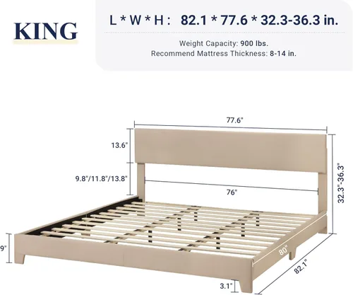 Miniatura 2 de Allewie - Base de cama tamaño King con cabecera ajustable, cama tapizada con plataforma y listones de madera, base de colchón resistente, no Beige