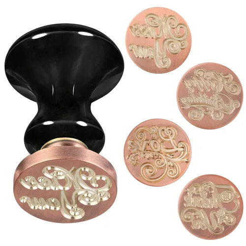 rockcloud Juego de sellos de cera, 4 sellos de cera de sellado de cobre con 1 mango de sello de obsidiana negra para tarjetas, sobres, decoración de