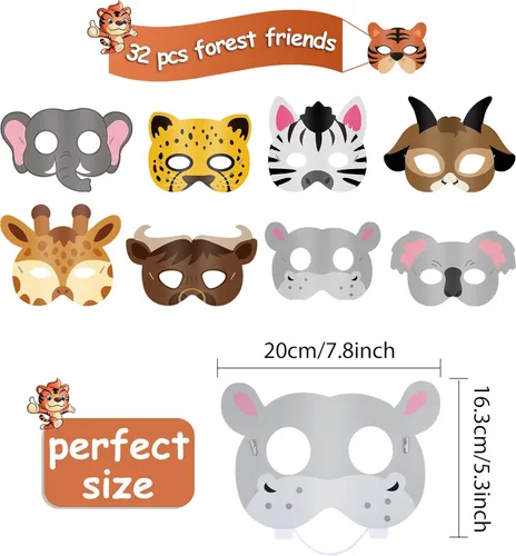Miniatura 2 de Blulu 16 piezas de máscaras de animales del safari para niños Máscaras de animales del zoológico de la jungla Máscaras de dibujos animados