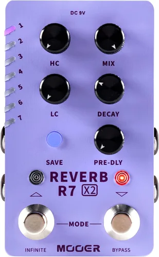 MOOER Pedal de reverberación estéreo R7 X2 de reverberación clásica a ambiente moderno, 14 tipos diferentes de reverberación con corte alto, corte