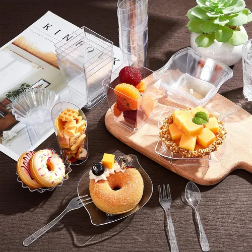 Miniatura 5 de Tessco for you Juego de 1600 mini platos de aperitivo, tazas de postre, tazas de plástico para parfait de formas variadas con cucharas desechables