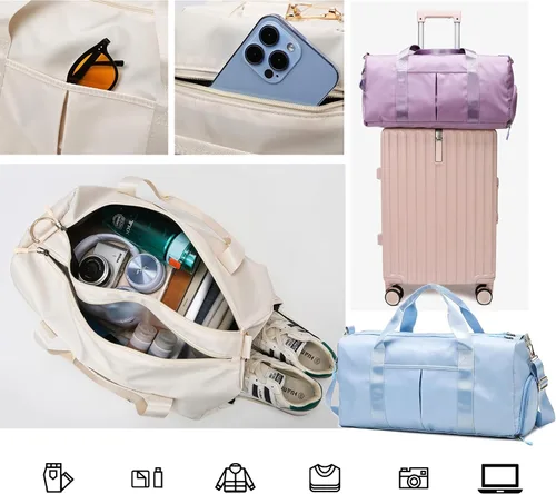 Miniatura 3 de Bolsa de gimnasio para mujeres y hombres con compartimento para zapatos, impermeable, fin de semana, durante la noche, bolsas de lona para natación