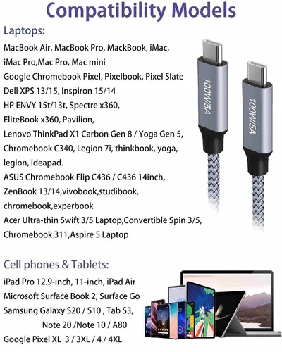 Miniatura 6 de Cable USB C a USB C de 100 W de 10 pies, cable largo de nailon USB 2.0 tipo C de carga rápida para MacBook Pro/Air, iPad Air/Pro, Samsung Galaxy S22
