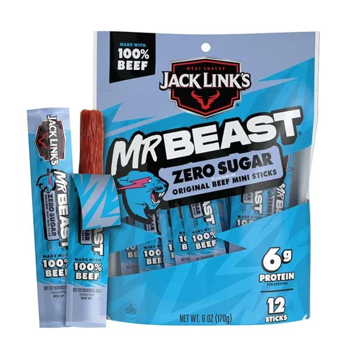 Jack Link’s x MrBeast Mini Palitos de Ternera Sin Azúcar – 6g de Proteína por 2 Palitos de Carne Envueltos Individualmente, Hechos con 100% Ternera