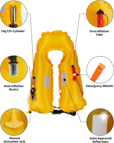 Miniatura 9 de Owntop Chaqueta de natación inflable para adultos, convertible automática/manual, cuello de neopreno, bolsillos grandes con solapa y trabillas